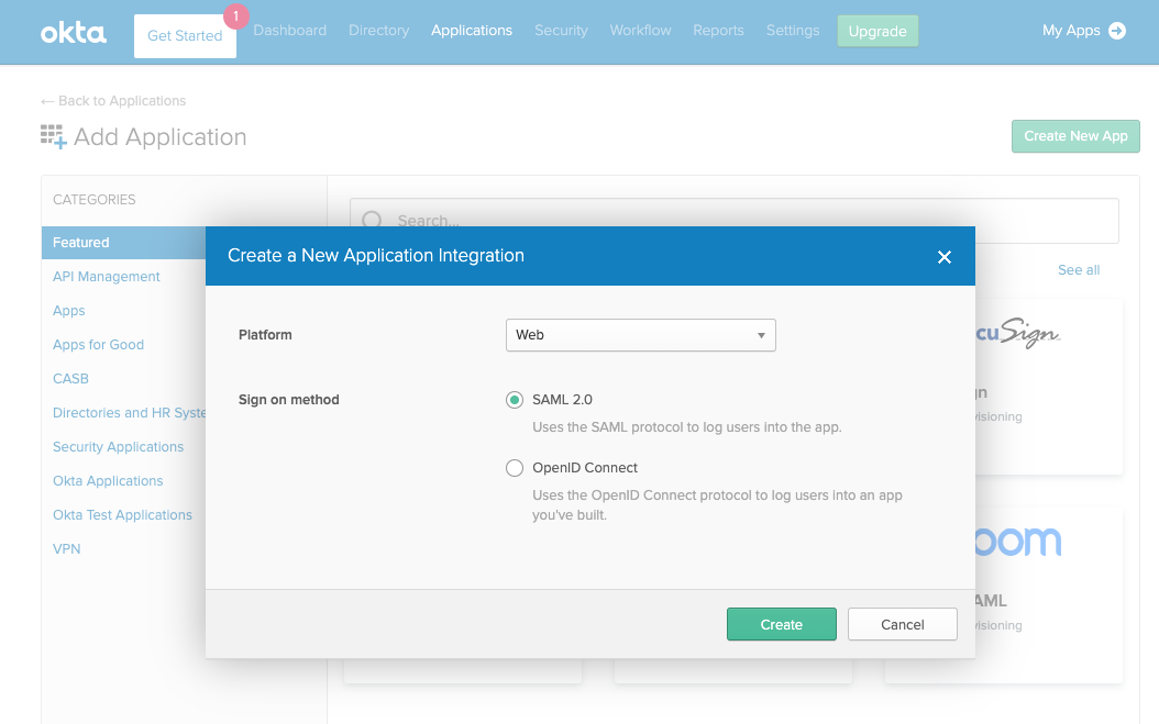 Okta create app